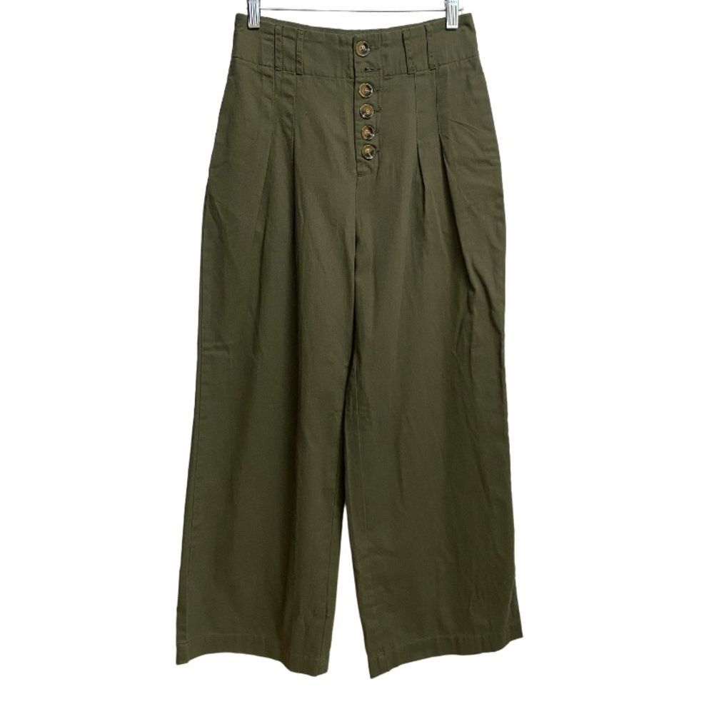 NWT Who What Wear High Waist Wide Leg Pants Sz 4 Button Fly Pleated Green Retro